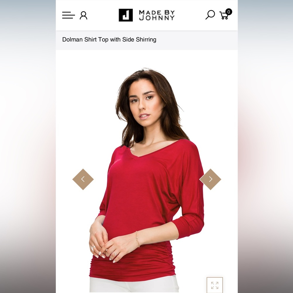 NWT Johnny Sz XS Red Dolman Shirt Top with Side Shirring